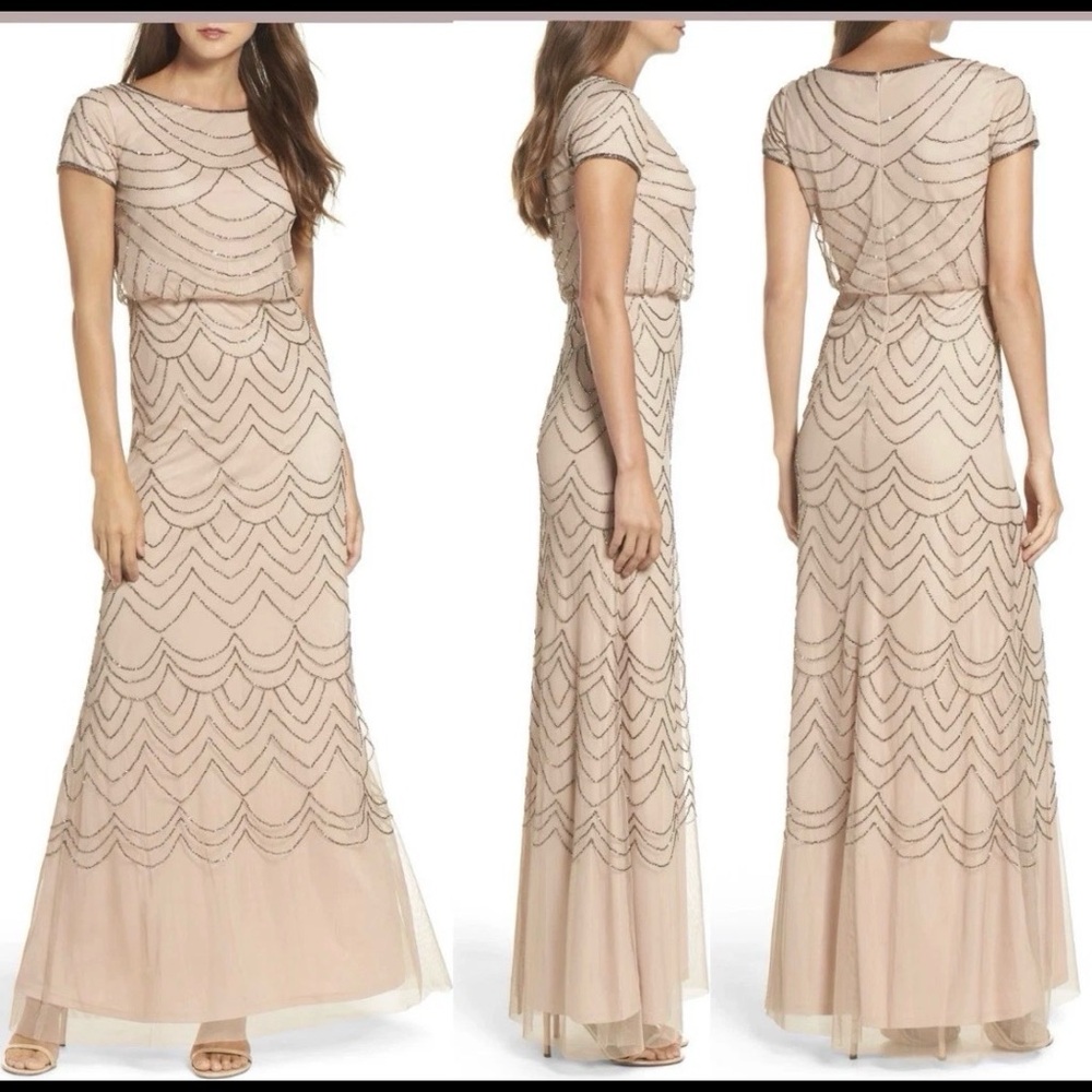 Adrianna Papell Blush Pink Beaded Tulle Gown Embellished Formal Dress 6